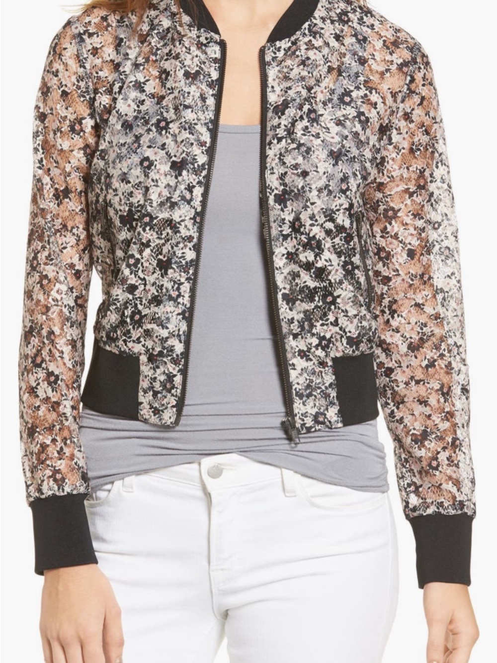Chelsea28 Black and Cream Floral Lace Cropped Bomber Jacket